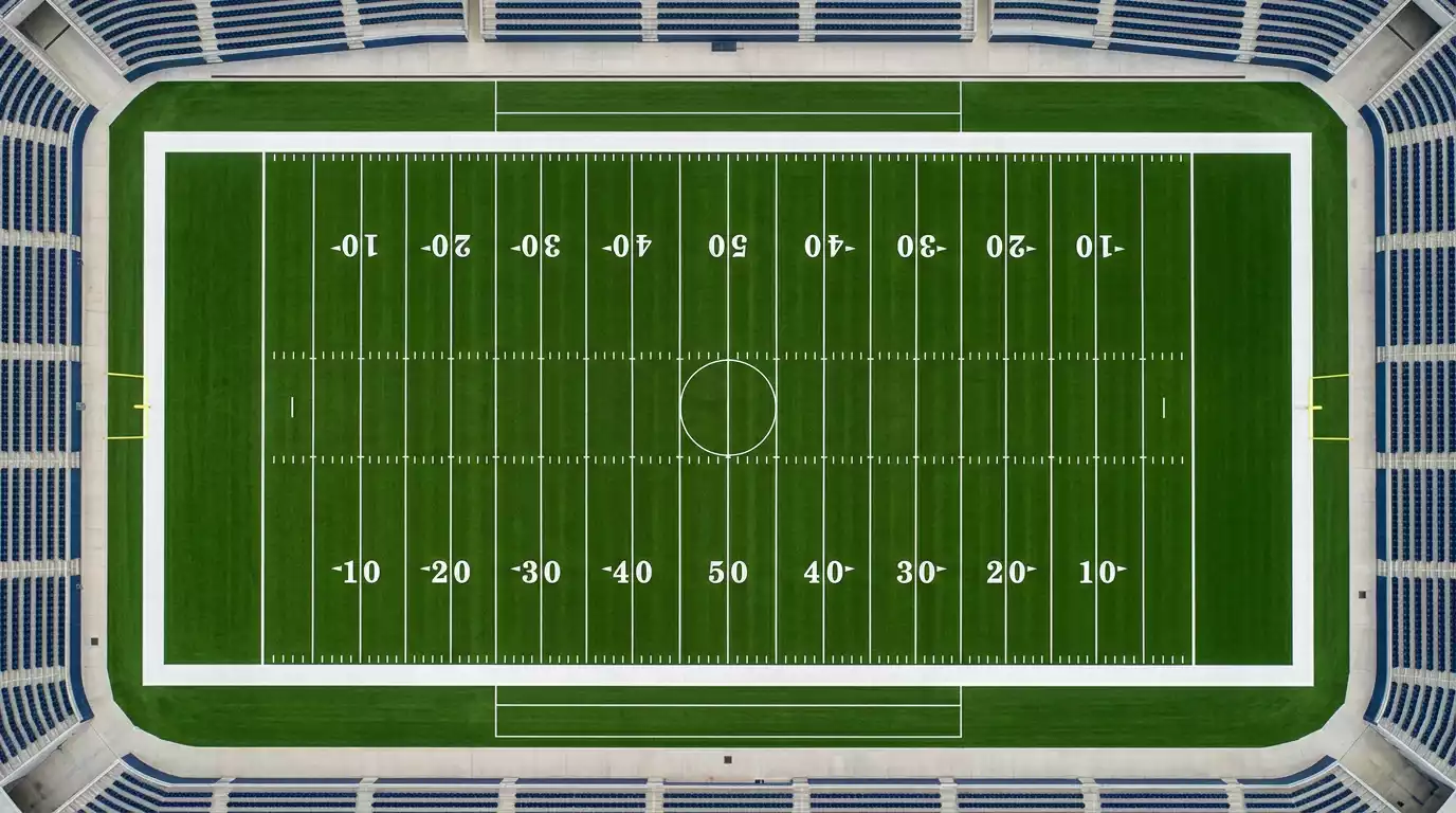 Overhead view of an NFL field with yard line markings and conference logos visible on the turf